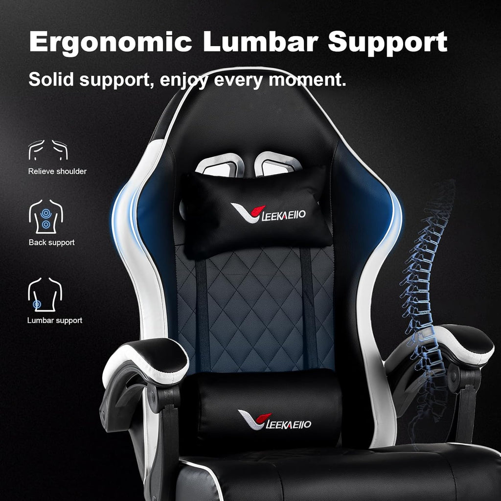 Gaming Chair for Adults, Computer Chair with Footrest and Pocket Spring Cushion,Comfortable Ergonomic Video Game Chair with Lumbar Support and Headrest for Office Home (White)