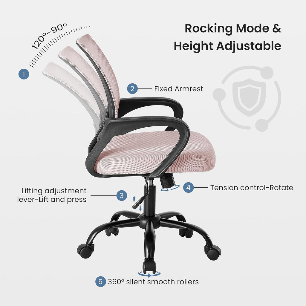 DUMOS Home Office Chair - Ergonomic Mid Back Mesh Desk Chair with Lumbar Support & Rocking Mode, Height Adjustable with Fixed Armrest, for Computer, Gaming, Meeting, 360° Swivel, Pink