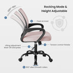 DUMOS Home Office Chair - Ergonomic Mid Back Mesh Desk Chair with Lumbar Support & Rocking Mode, Height Adjustable with Fixed Armrest, for Computer, Gaming, Meeting, 360° Swivel, Pink