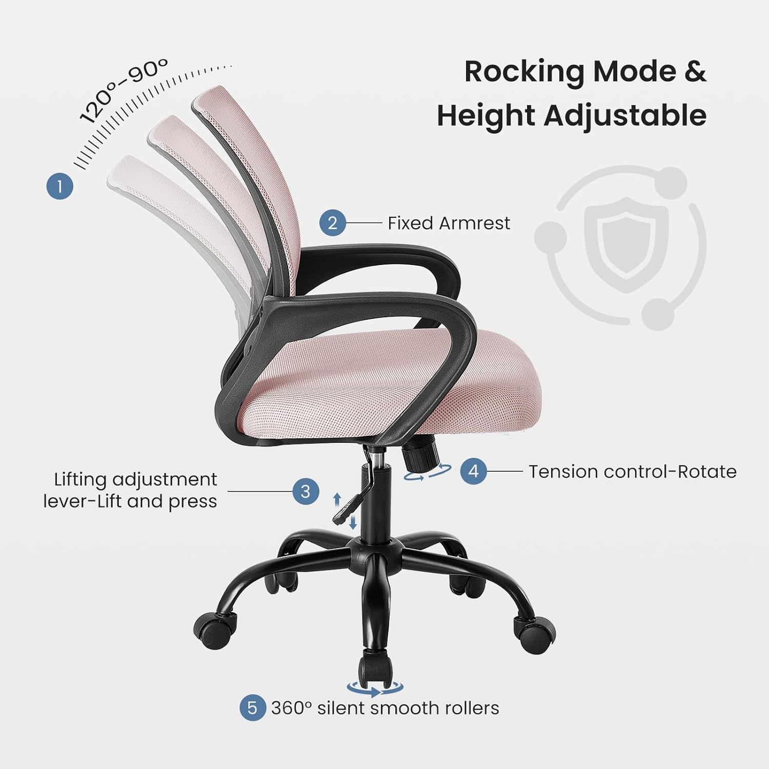 DUMOS Home Office Chair - Ergonomic Mid Back Mesh Desk Chair with Lumbar Support & Rocking Mode, Height Adjustable with Fixed Armrest, for Computer, Gaming, Meeting, 360° Swivel, Pink