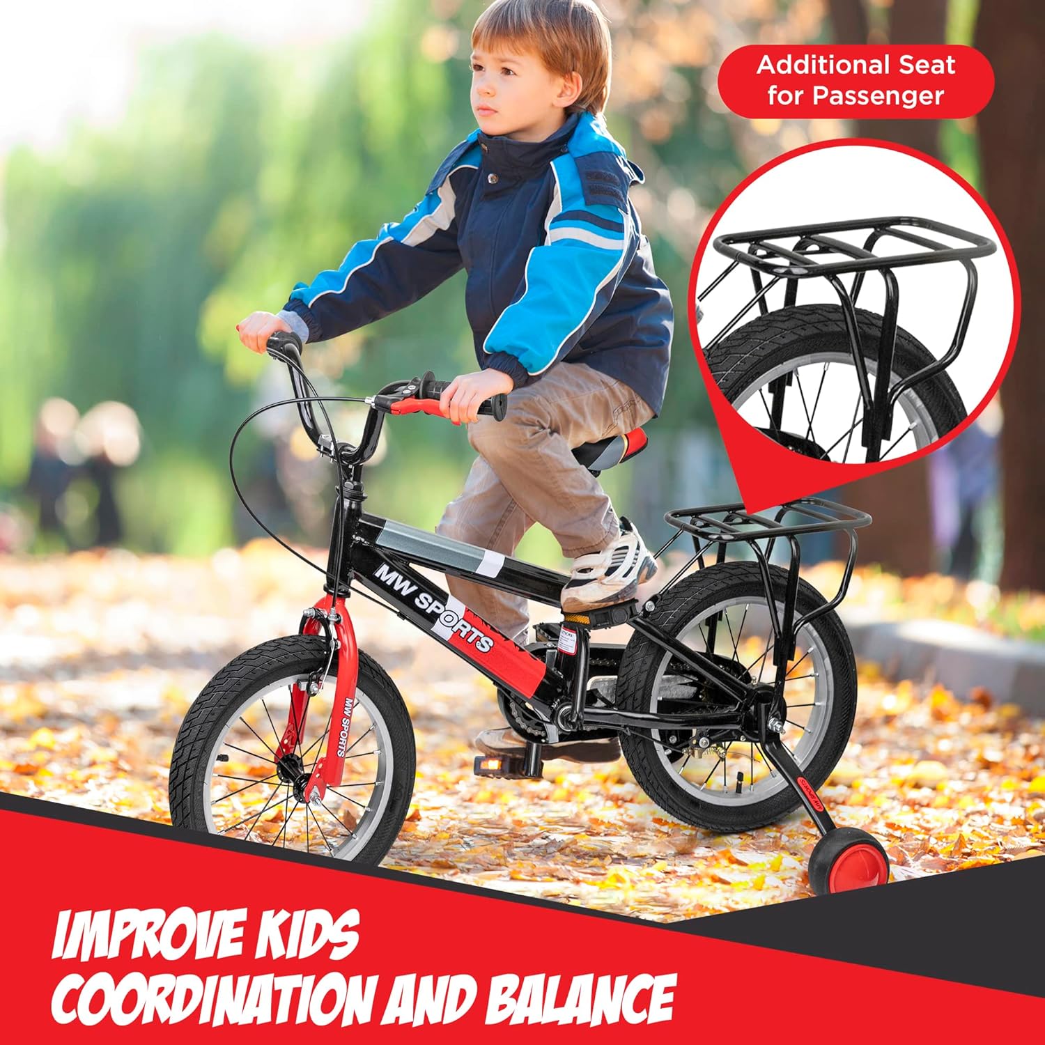 MW Sports 16 inch Kids Bike with Removable Training Wheels, Hand Brakes and Back Relay Rack for Ages 4-6 Years.
