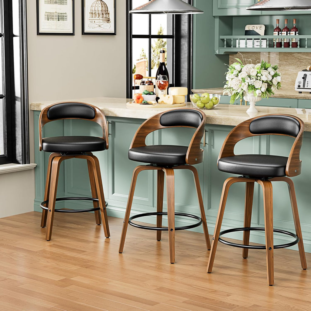 Bar Stools Set of 2, 26" Swivel Counter Height Bar Stools with Bentwood Legs and Back, Mid Century Modern Faux Leather Upholstered Counter Stools for Kitchen Island, Bar, Restaurant, Black