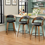 Bar Stools Set of 2, 26" Swivel Counter Height Bar Stools with Bentwood Legs and Back, Mid Century Modern Faux Leather Upholstered Counter Stools for Kitchen Island, Bar, Restaurant, Black