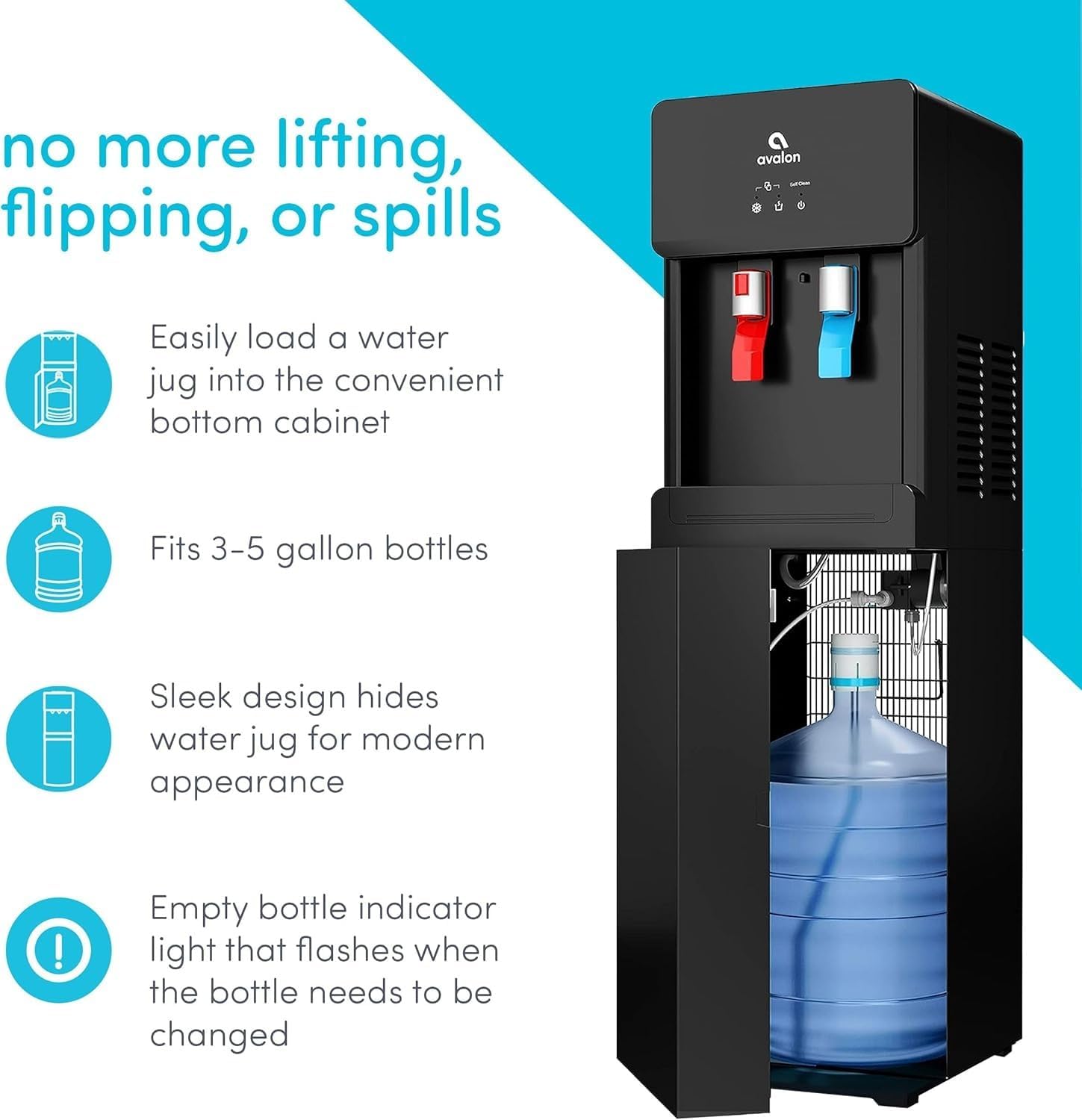 Avalon A6BLWTRCLRBLK Touchless Bottom Loading Cooler Dispenser-Hot & Cold Water, Child Safety Lock, Innovative Slim Design, Holds 3 or 5 Gallon Bottles-UL-Black