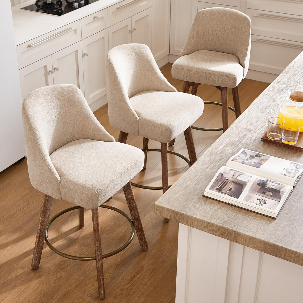 Counter Height Bar Stools,Sand-Colored Linen Comfort Fabric Bar Stool Set of 3 .360° Swivel Counter Height Stools Solid Wood Legs,27'' Barstools with Contoured Backrest