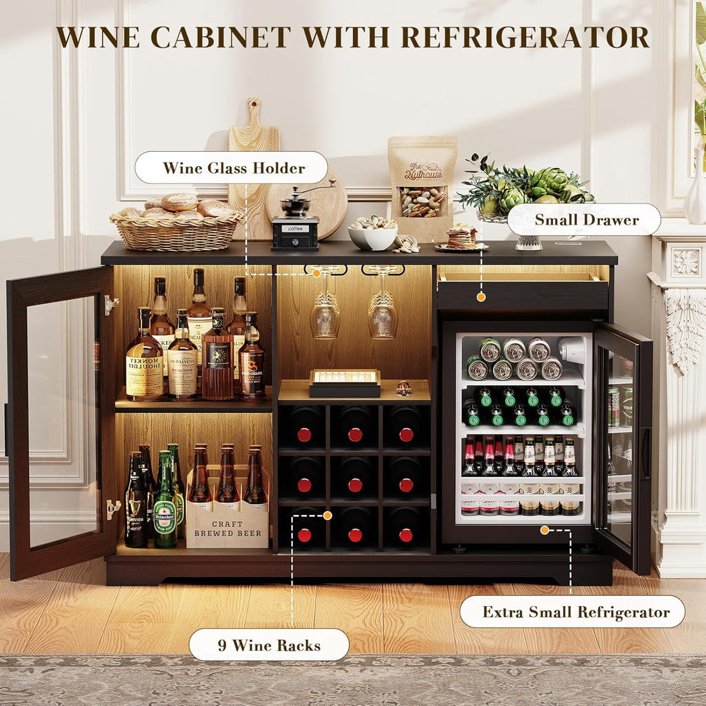 Coffee Bar Cabinet with Fridge (Fridge Included), Large Liquor Bar Cabinet with LED Lights, Glass Holder & Wine Rack, Wine Cabinet with Human Body Sensor, Buffet Sideboard for Home, Black