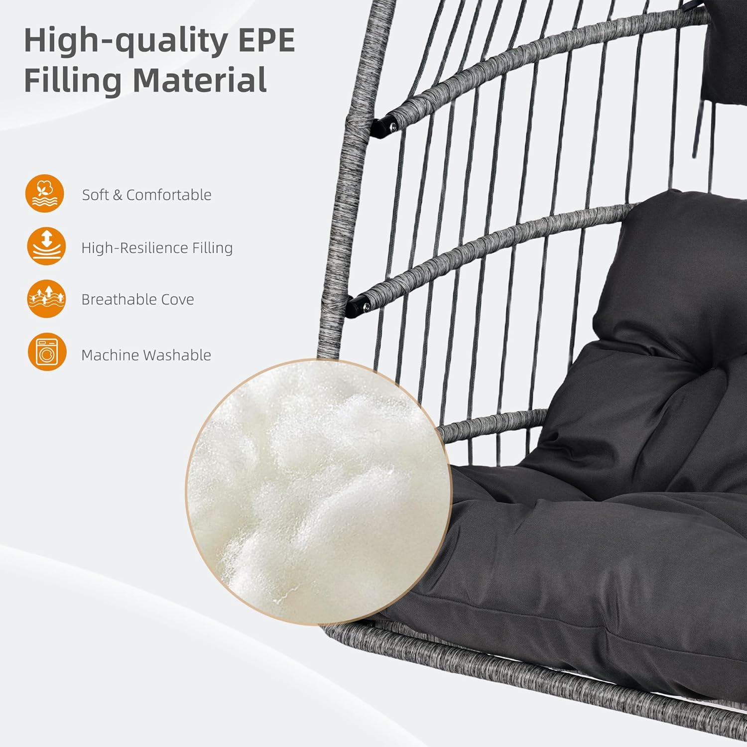 Hanging Egg Chair with Stand, Foldable Oversized Swing Chair, All-Weather Core-Spun Rope, Premium Fabric, Thick Breathable Water-Resistant Cushion, 350LBS Indoor Outdoor (Dark Grey)