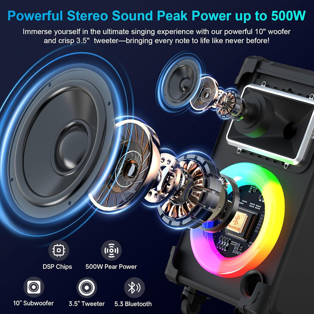 JYX Karaoke Machine with 2 Wireless Mics  10" Woofer 500W Peak Power Big Portable Bluetooth Speaker with Bass/Treble Adjustment  PA System with Remote Control  LED Lights  Rolling Wheels and Trolley