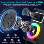 JYX Karaoke Machine with 2 Wireless Mics  10" Woofer 500W Peak Power Big Portable Bluetooth Speaker with Bass/Treble Adjustment  PA System with Remote Control  LED Lights  Rolling Wheels and Trolley
