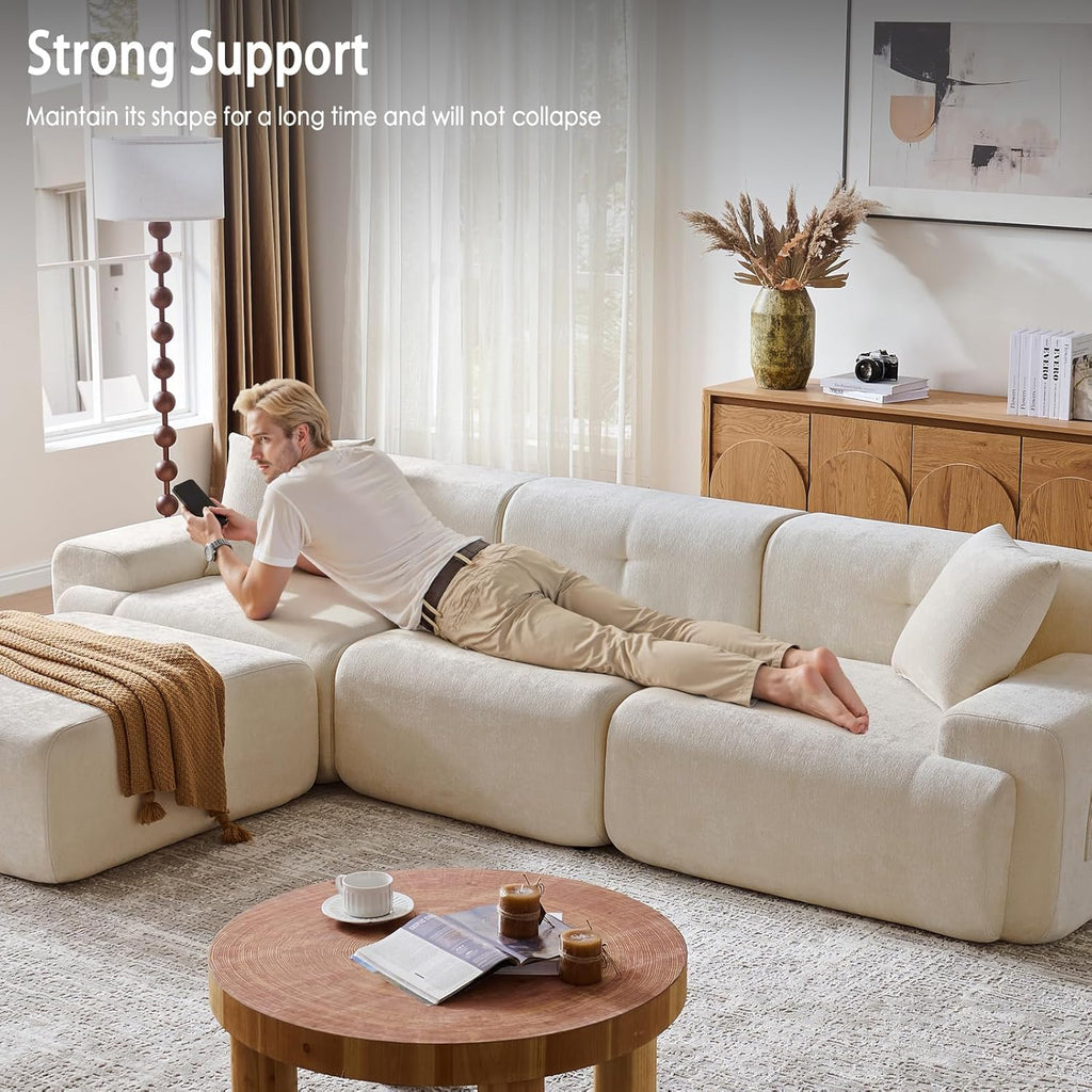 LIDYUK 118" Modern L-Shaped Boneless Couch Modular Sectional Sofa for Living Room, Chenille Upholstery Beige, Oversized 3-Seater Sectional Couch with Deep Seat and Movable Ottoman, No Assembly