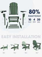 KINGYES Adirondack Rocking Chair with Retractable Ottoman and Cup Holders, HDPE Adirondack Rocker Patio Rocking Chair for Porch, Patio, Balcony, Dark Green