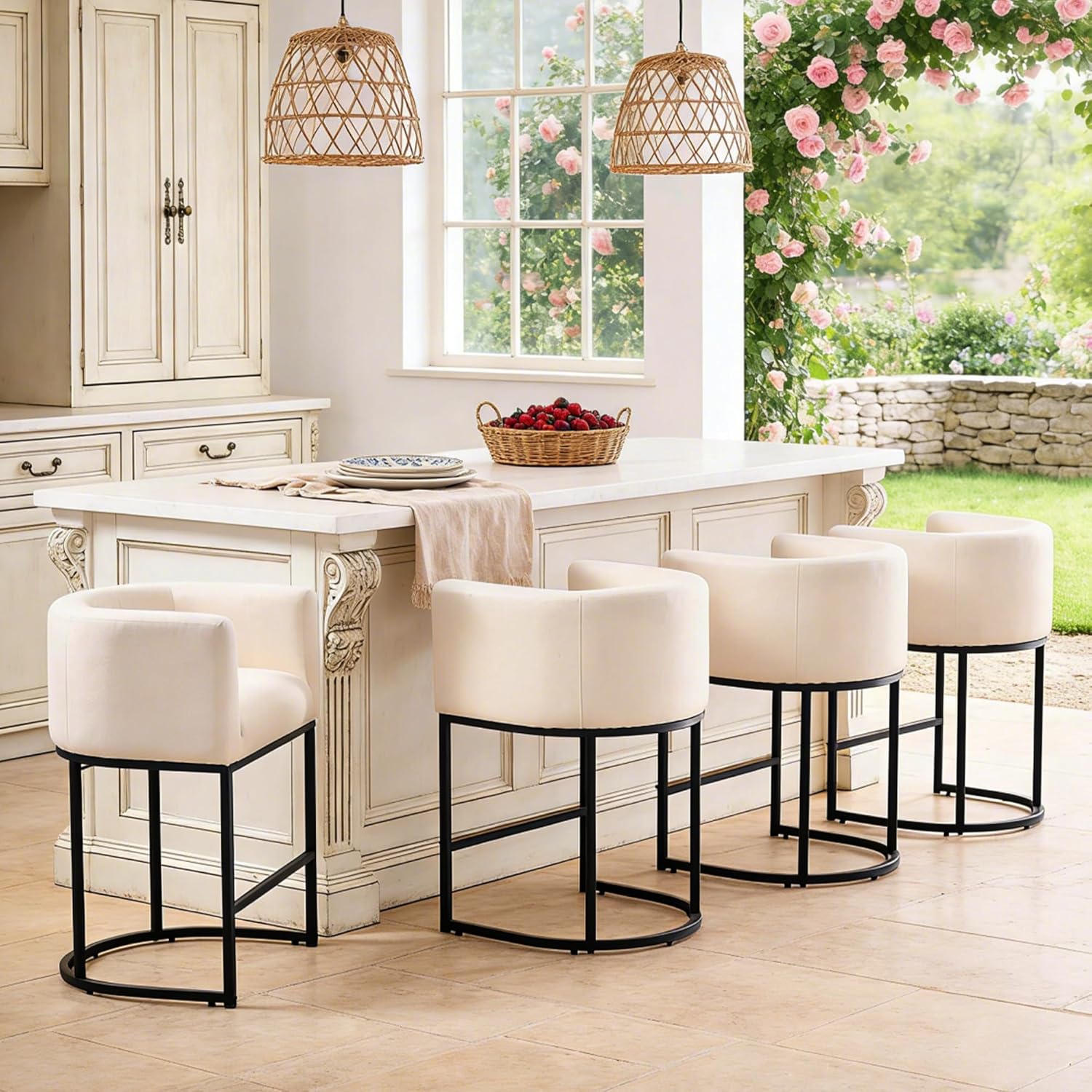 ClinQ 26" H Counter Height Bar Stools Set of 4, Modern Barrel Counter Stools with Backrest and Arms, Black Metal Frames,Linen Fabric Upholstered Accent Barstools for Kitchen Island,Beige