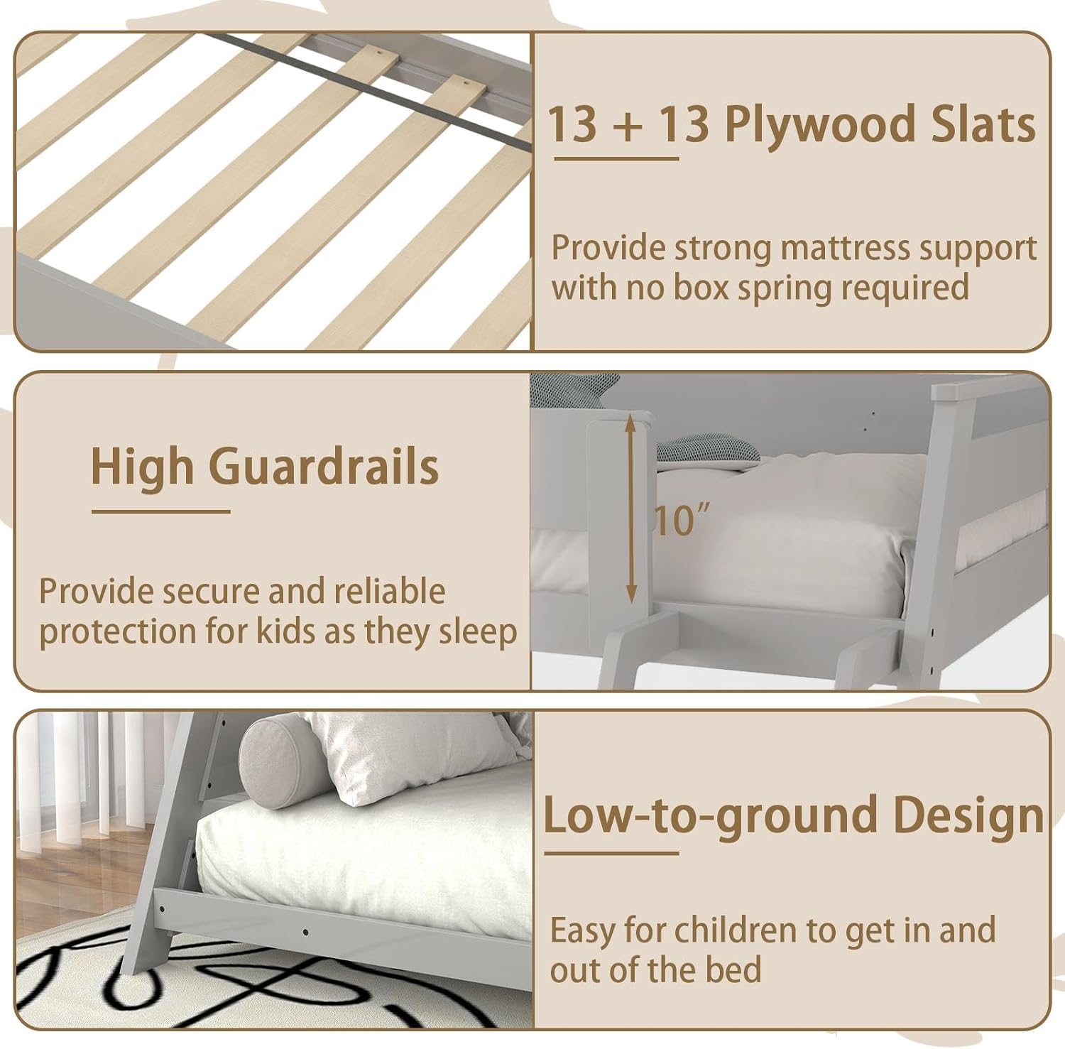 KOMFOTT Twin Over Full Convertible Bunk Bed with Reversible Ladder, Solid Wood Frame, Slats Support & Guardrails, No Box Spring Needed (Grey)