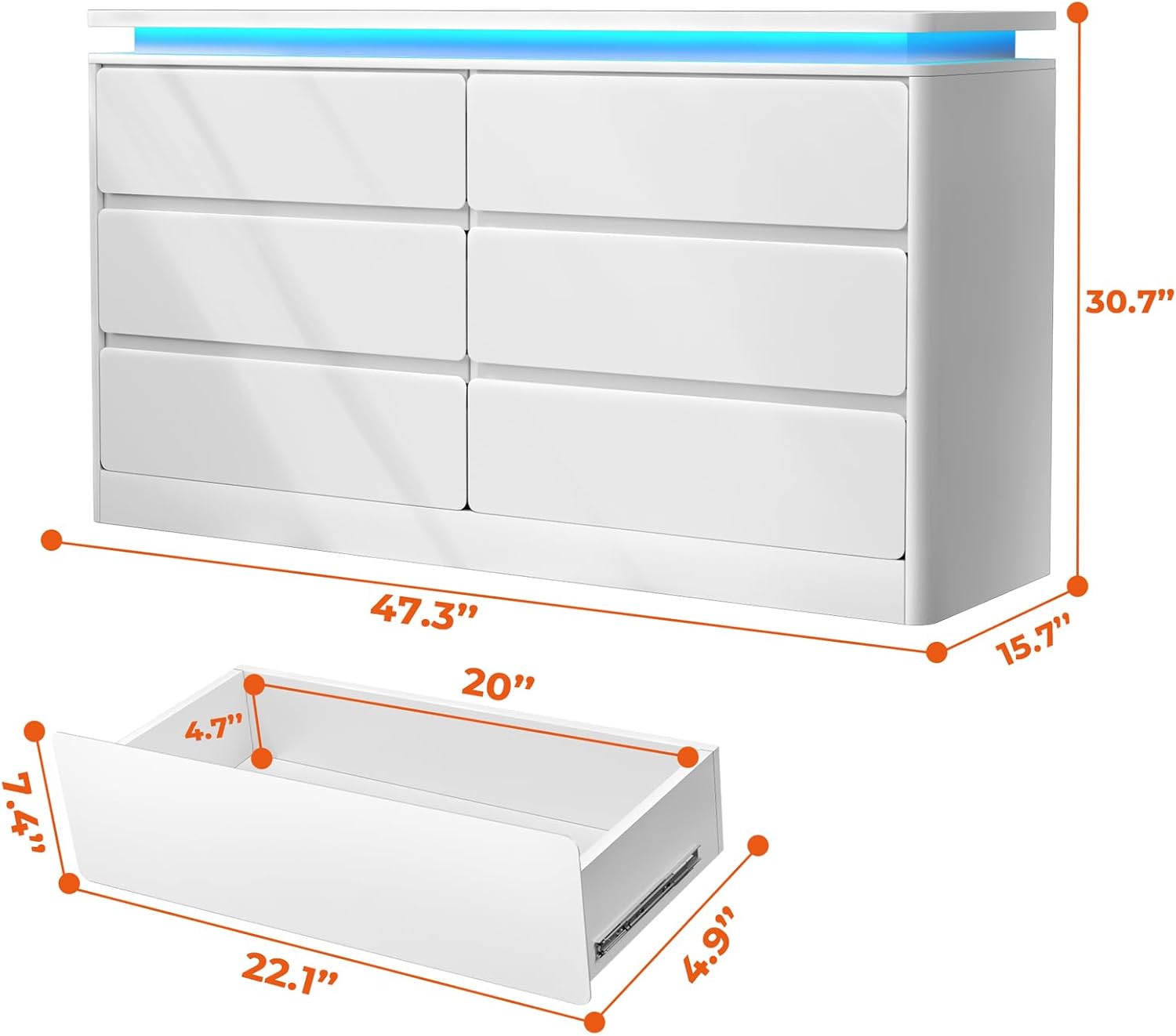 6 Drawer Dresser for Bedroom, 47.2" Long White Chest of Drawers with Charging Station & LED Lights,Curved Profile Design,Double Wooden Closet Storage Cabinet,Modern Dresser TV Stand with Deep Drawers