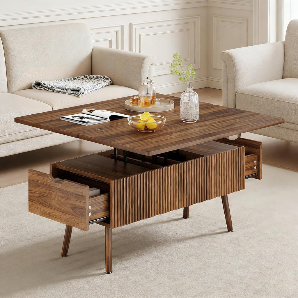40" Lift Top Coffee Table, 4 in 1 Multi-Function Coffee Tables with Storage Drawers and Lift Tabletop, Mid Century Modern Dining Table Fluted Center Table for Living Room, Walnut