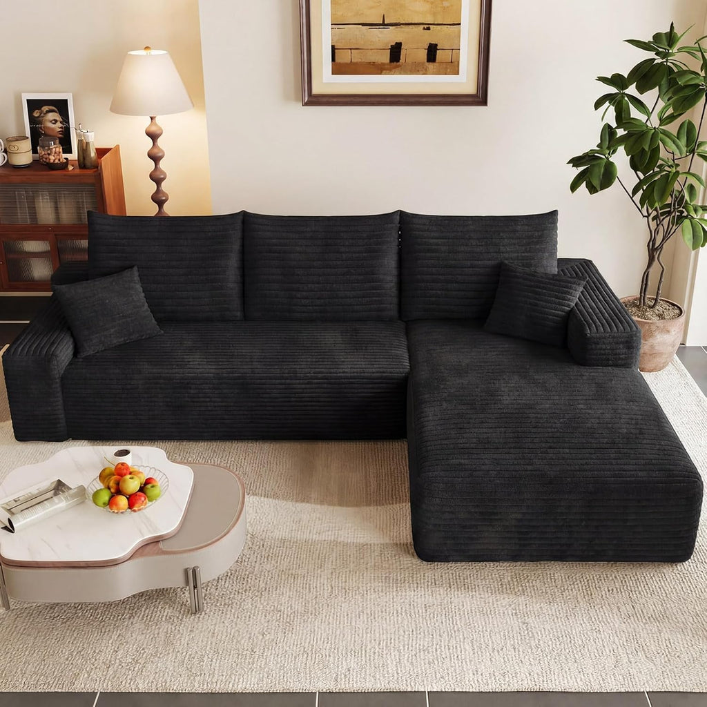 95" Modular Sectional Couch, Boneless L Shaped Cloud Sofa with Chaise Lounge, Corduroy Upholstered Couches Memory Foam Deep Seat, No Assembly Required, Ideal for Living Room(Black, Right Facing)