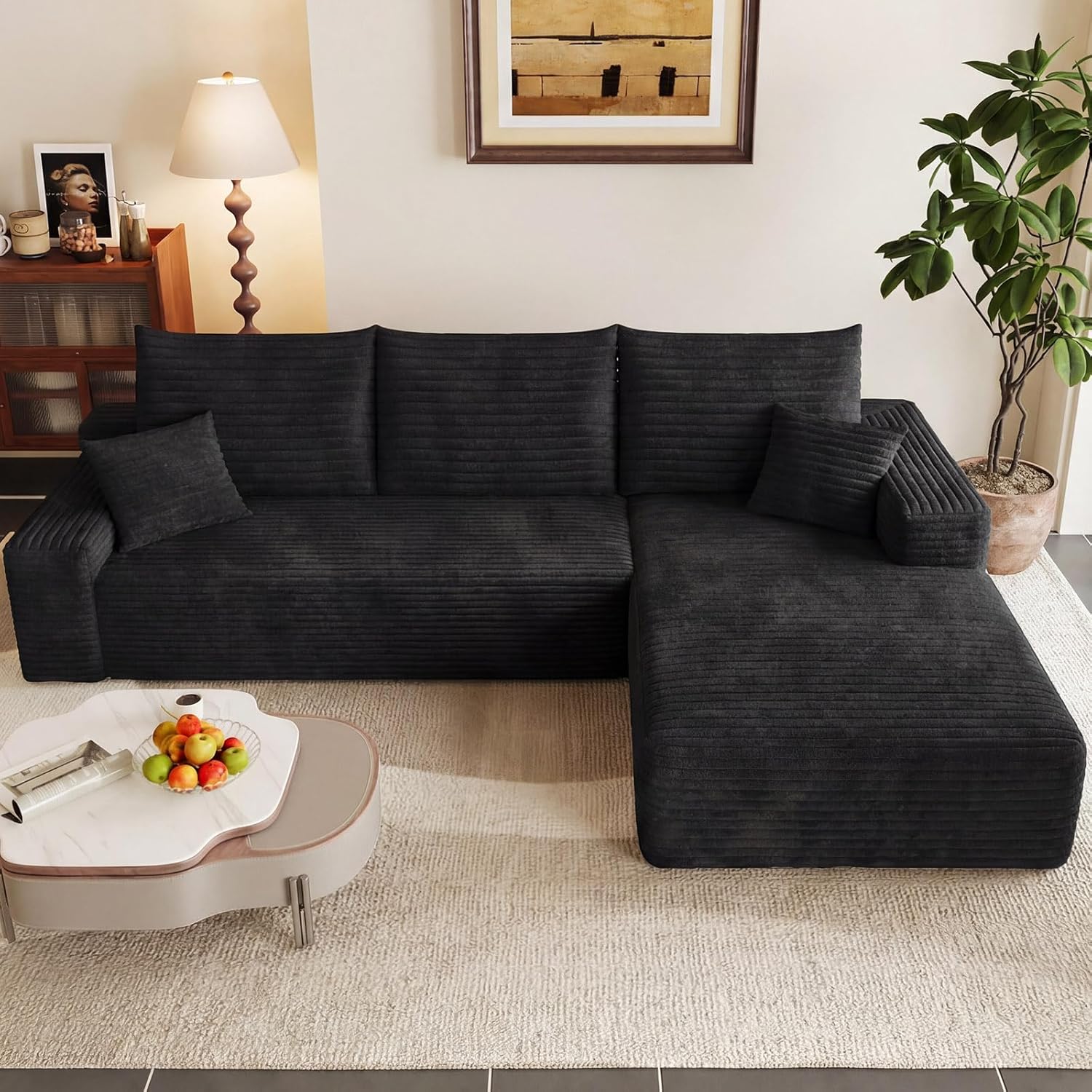 95" Modular Sectional Couch, Boneless L Shaped Cloud Sofa with Chaise Lounge, Corduroy Upholstered Couches Memory Foam Deep Seat, No Assembly Required, Ideal for Living Room(Black, Right Facing)
