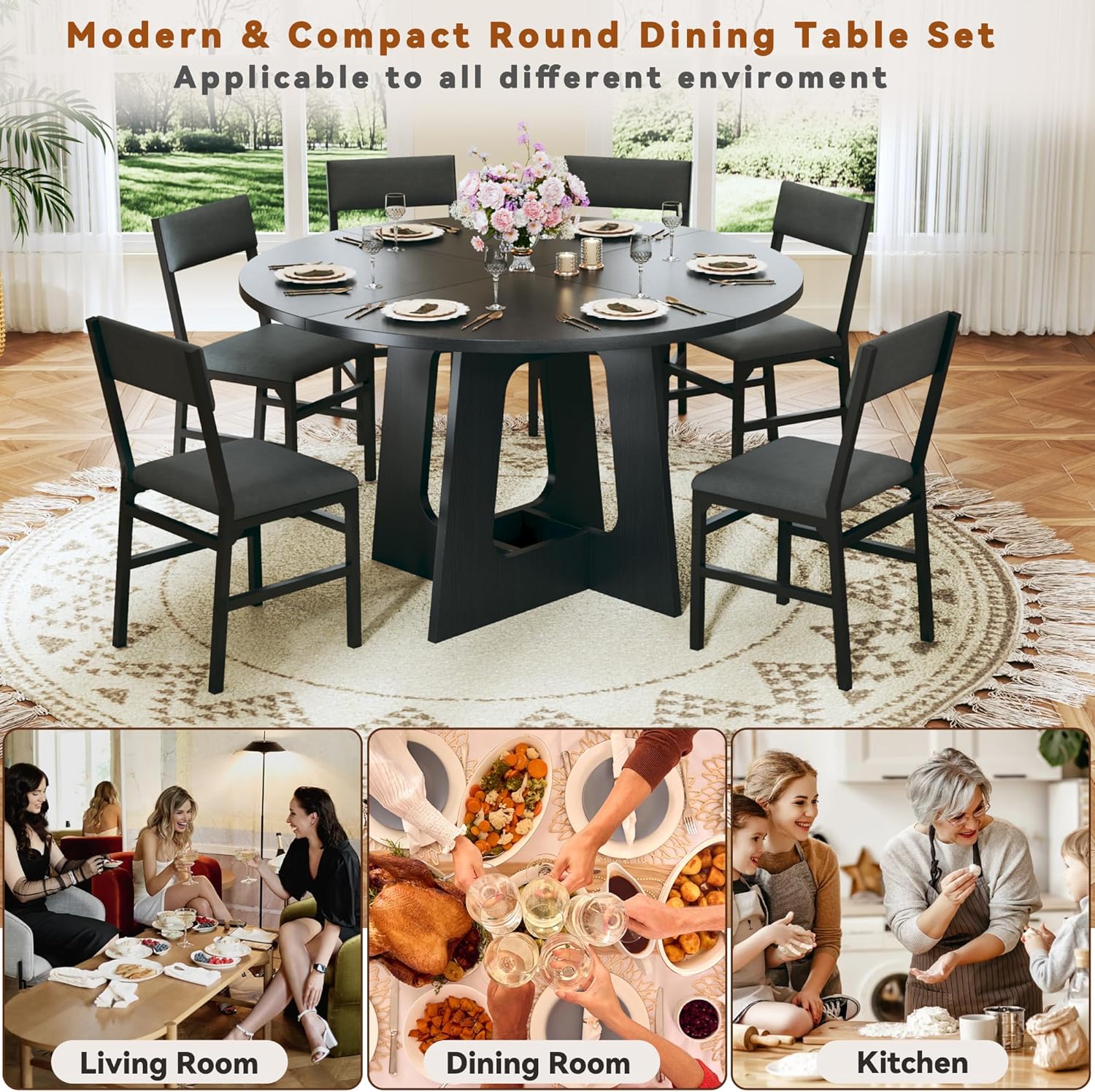 Round Dining Table Set for 6, 7-Piece Kitchen Table and Chairs for 6, 47'' Round Dining Room Table Set with 6 Chairs, Space Saving Dining Table with Wood Base for Kitchen, Living Room, Black