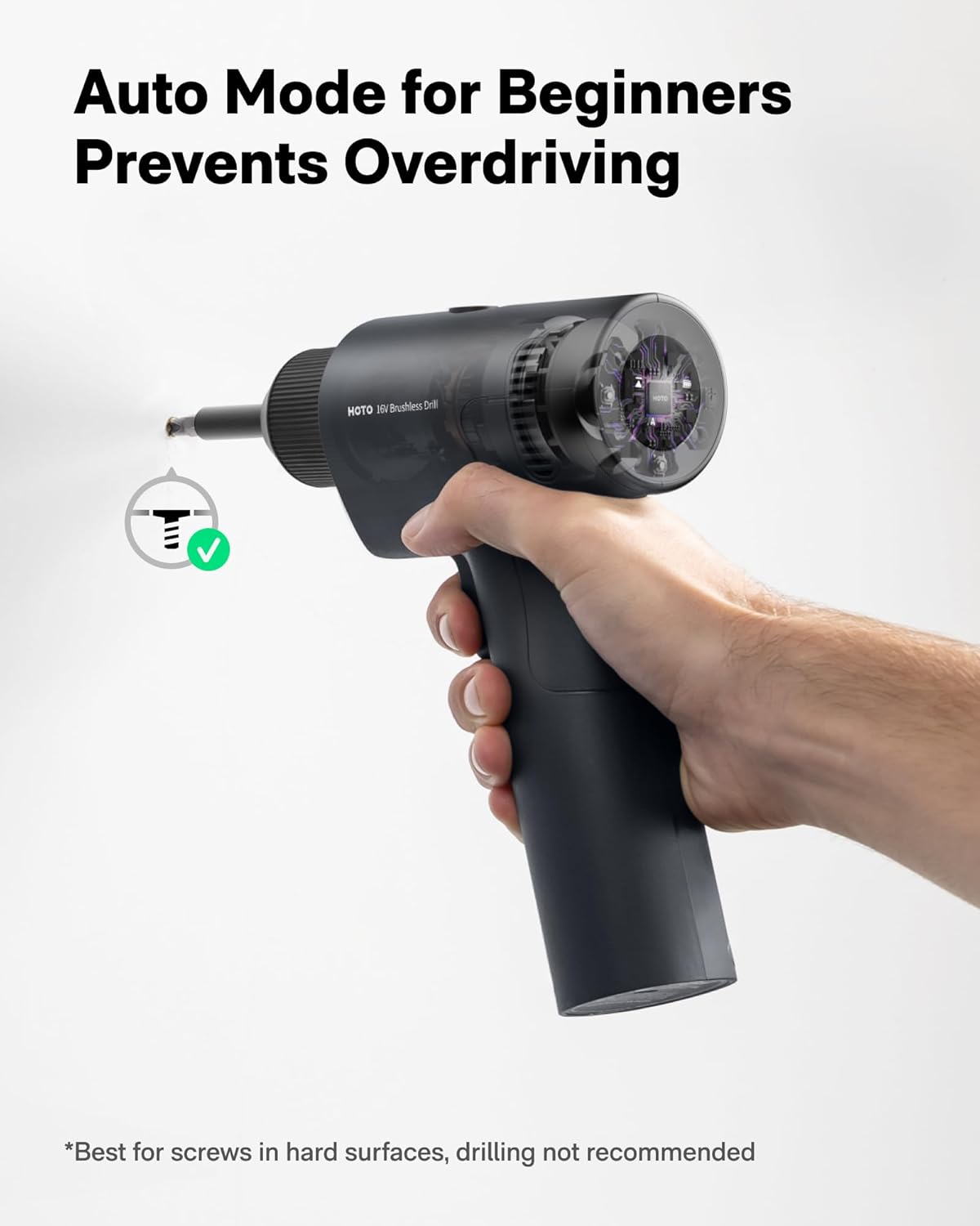 HOTO 16V Brushless Power Drill, 50 N·m High Torque with Smart Display, Auto Mode and LED Light, 10 Bits, 5 Drill Bits, 3/8” Keyless Chuck, Two Working Modes, Perfect for Home Repairs and Projects