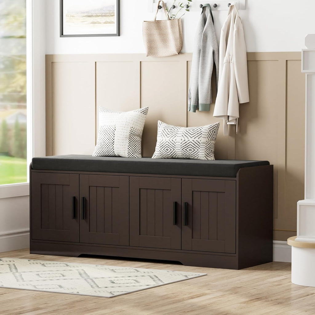 Homleke 2-Tier Storage Bench, Shoe Bench with Thickened Padded Seat Cushion, Entryway Bench with 4 Doors, Adjustable Shelf, 13.8" D x 45.3" W x 18.5" H, for Entryway, Living Room, Bedroom, Brown