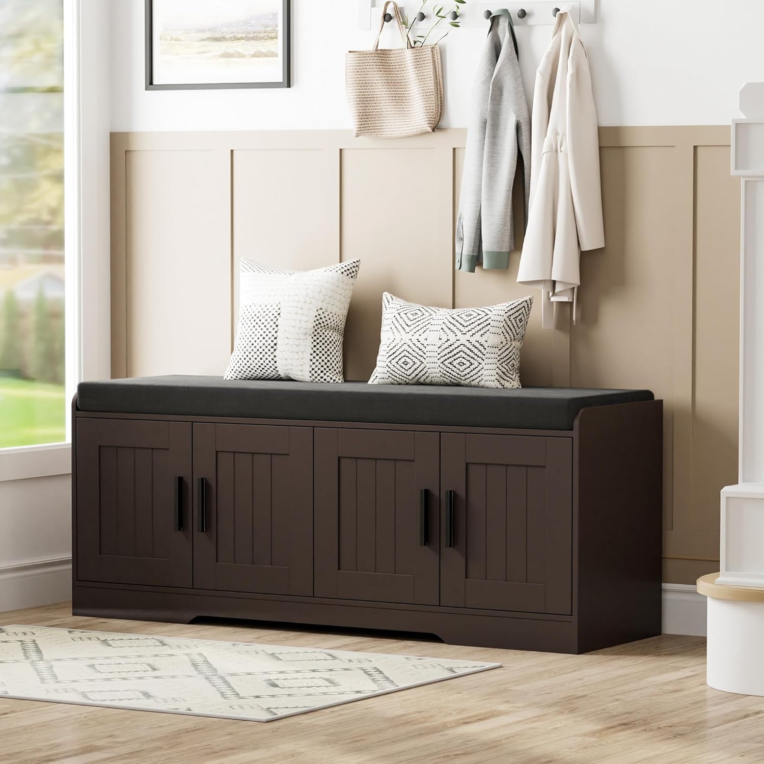 Homleke 2-Tier Storage Bench, Shoe Bench with Thickened Padded Seat Cushion, Entryway Bench with 4 Doors, Adjustable Shelf, 13.8" D x 45.3" W x 18.5" H, for Entryway, Living Room, Bedroom, Brown