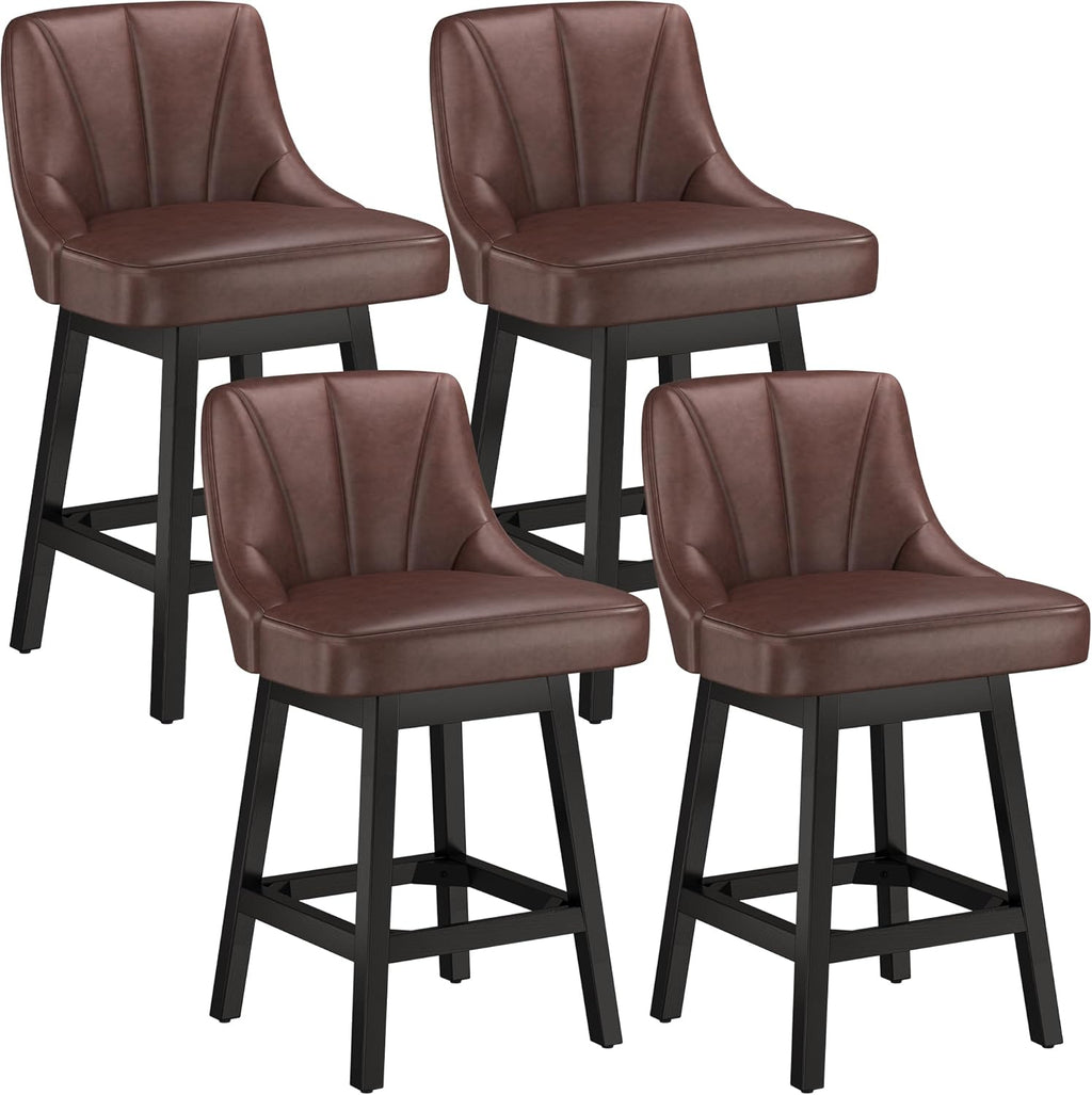 Swivel Bar Stools with Backs, 26" Counter Height Bar Stools Set of 4, Modern Leather Extra Upholstered Counter Barstools with Square Solid Wood Legs for Kitchen Island, Dining Room, Brown