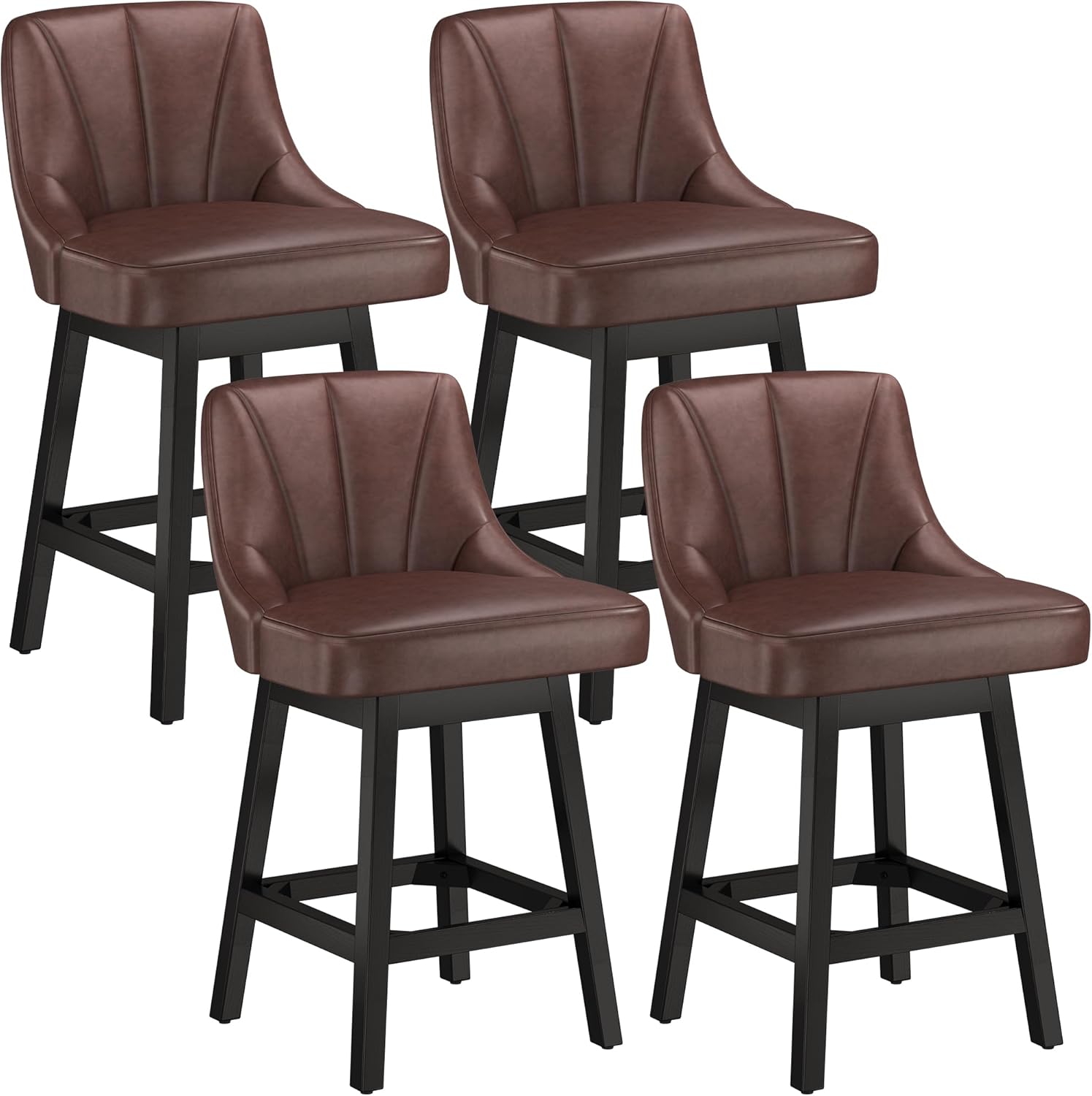 Swivel Bar Stools with Backs, 26" Counter Height Bar Stools Set of 4, Modern Leather Extra Upholstered Counter Barstools with Square Solid Wood Legs for Kitchen Island, Dining Room, Brown