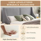 King Size Upholstered Platform Bed Frame with Wingback Headboard, Linen Fabric & Wooden Slats Support, Modern Golden PVC Material Edge for Bedroom,No Box Spring Needed, Easy to Assemble, Grey