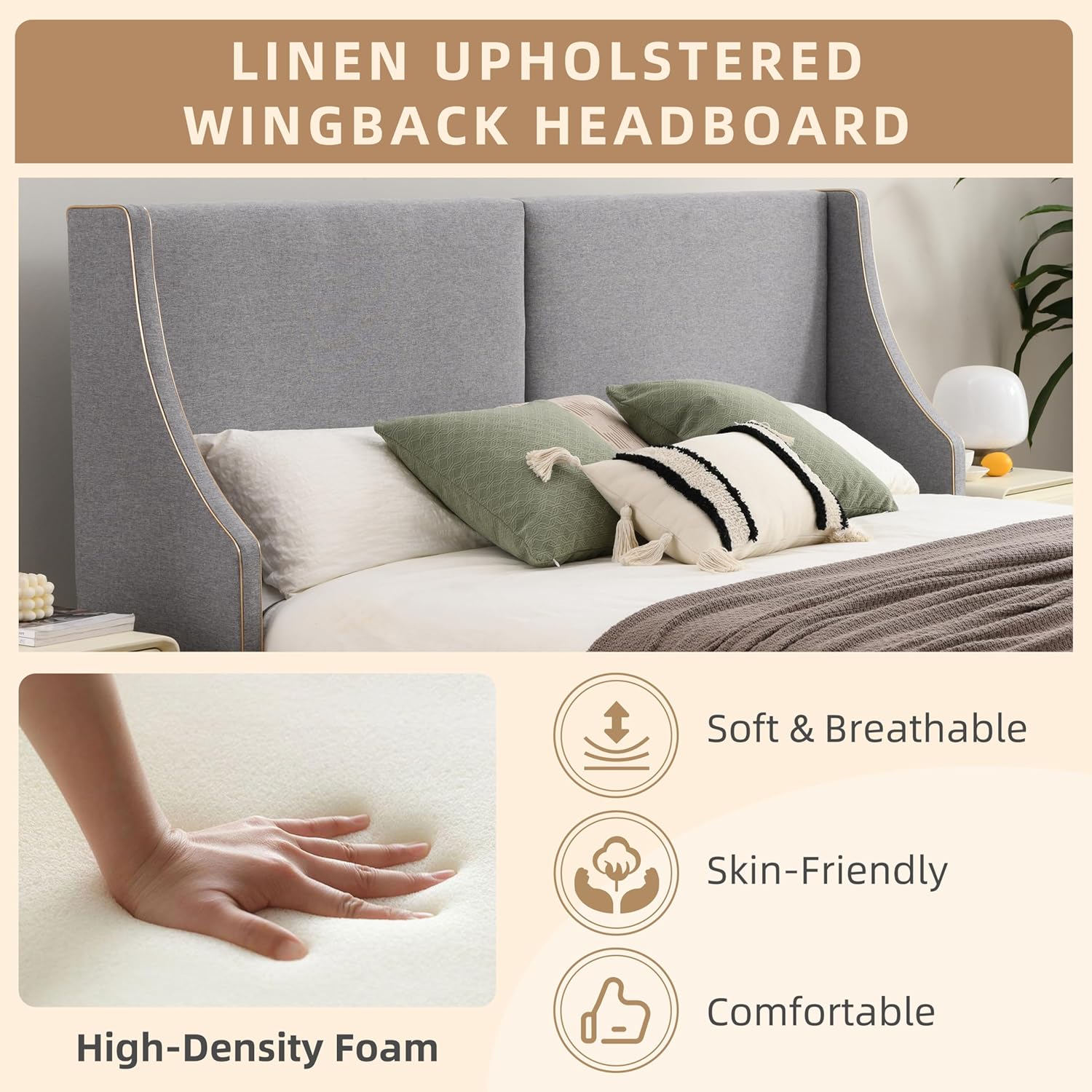 King Size Upholstered Platform Bed Frame with Wingback Headboard, Linen Fabric & Wooden Slats Support, Modern Golden PVC Material Edge for Bedroom,No Box Spring Needed, Easy to Assemble, Grey