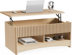 Marsail Lift Top Coffee Table with Open & Hidden Storage, Modern Fluted Coffee Table with Smooth Lift Mechanism, Sturdy Space-Saving Center Table for Home Living Room, Office, Natural Oak