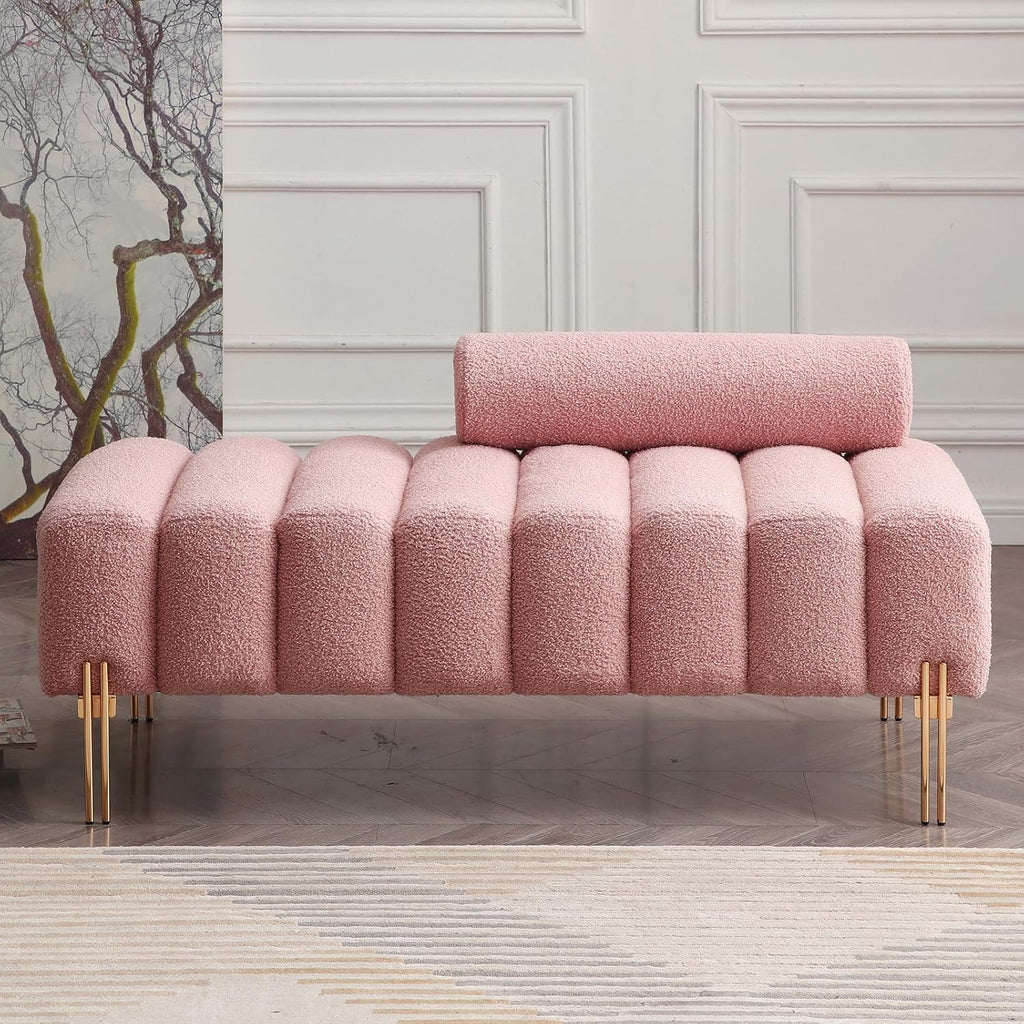 NIOIIKIT 53.2" Modern Loveseat Sofa Couch, Upholstered Accent Sofa with Golden Legs and Adjustable Backrest, Small Teddy Fleece Couches for Bedroom, Living Room, Compact Small Space (Pink Teddy)