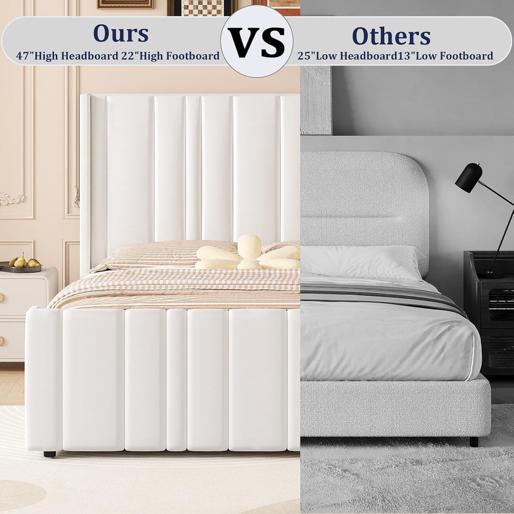HOMBCK Queen Bed Frame, Upholstered Platform Bed Frame Queen Size with Vertical Channel Tufted Headboard & Footboard, Wingback Design/Noise Free/No Box Spring Needed/Easy Assembly, Cream