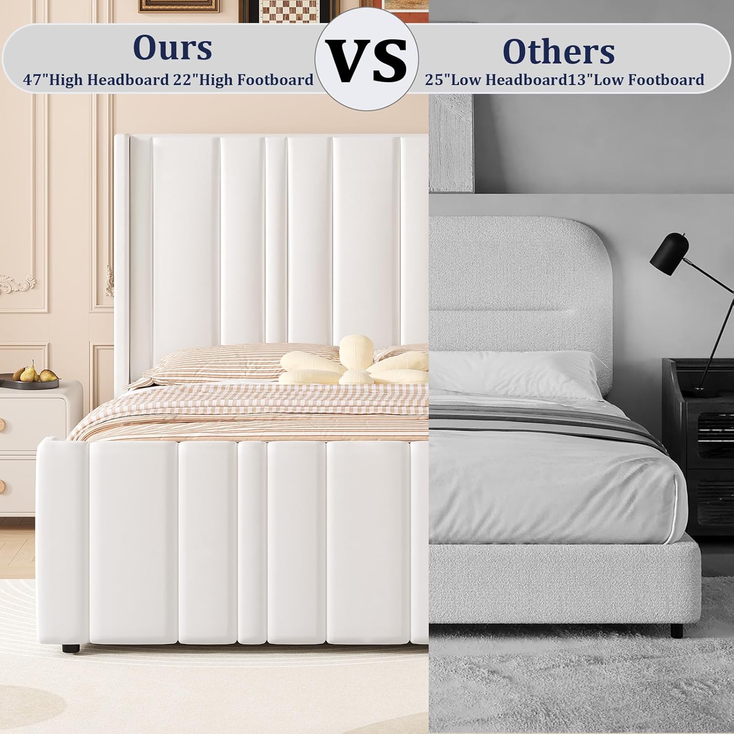 HOMBCK Queen Bed Frame, Upholstered Platform Bed Frame Queen Size with Vertical Channel Tufted Headboard & Footboard, Wingback Design/Noise Free/No Box Spring Needed/Easy Assembly, Cream