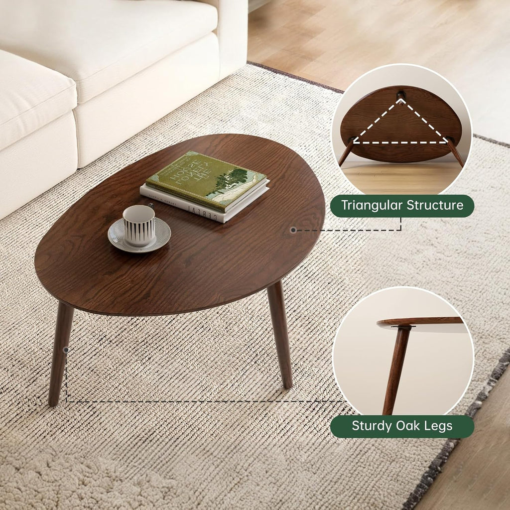 Small Oval Coffee Table, Mid Century Modern Coffee Table for Living Room, 100% Solid Oak Wood Side Table End Tables for Home (Walnut Wood Color, 33.46''x22.83''x15.74'')