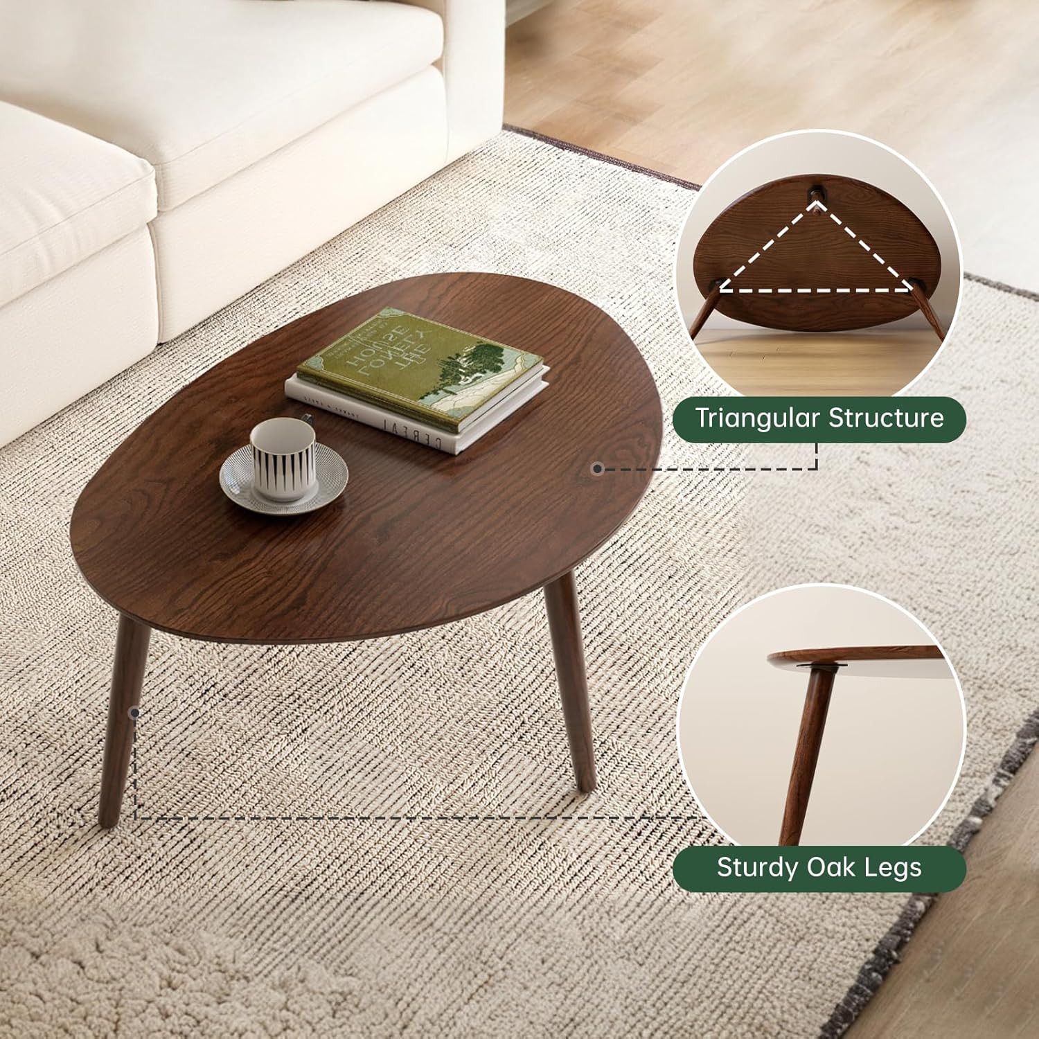 Small Oval Coffee Table, Mid Century Modern Coffee Table for Living Room, 100% Solid Oak Wood Side Table End Tables for Home (Walnut Wood Color, 33.46''x22.83''x15.74'')