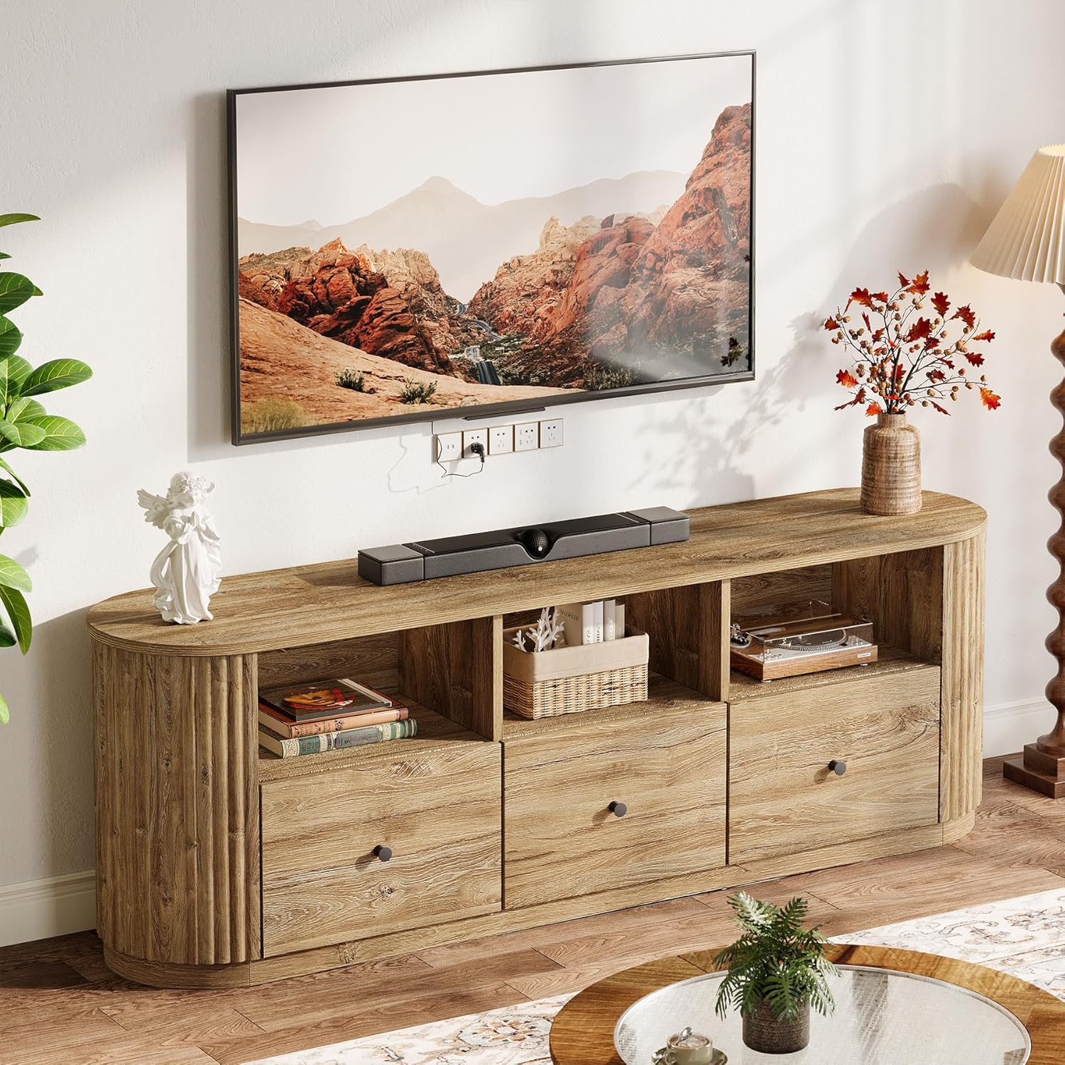 Tribesigns 70.87" TV Stand for TVs up to 80", Modern Curved Media Console with 3 Drawers and Open Storage, Fluted Entertainment Center for Living Room, Brown