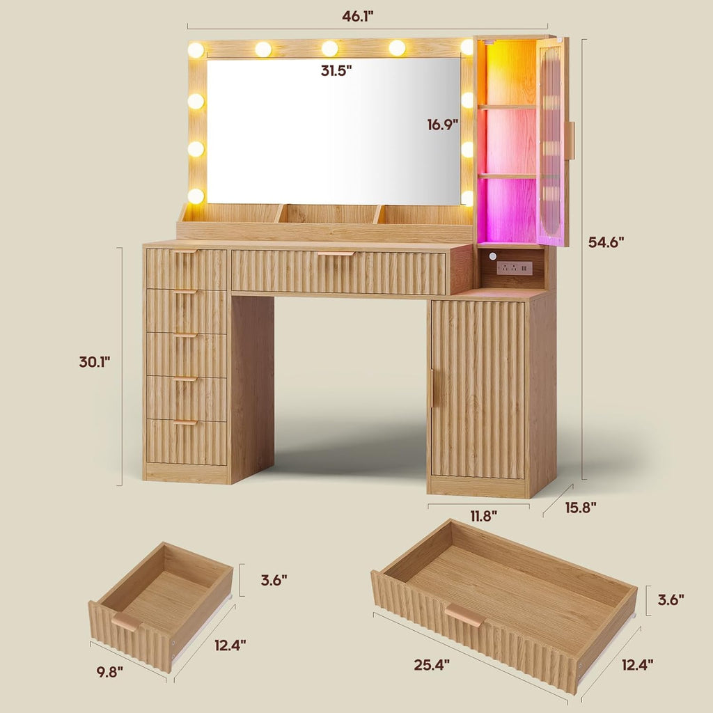 BTHFST Fluted Makeup Vanity Desk with Large 31.5" Mirror and Lights, 46.1" Wood Vanity with Charging Station & RGB Lights, Dressing Table with 6 Drawers & Cabinet & Shelves, Oak