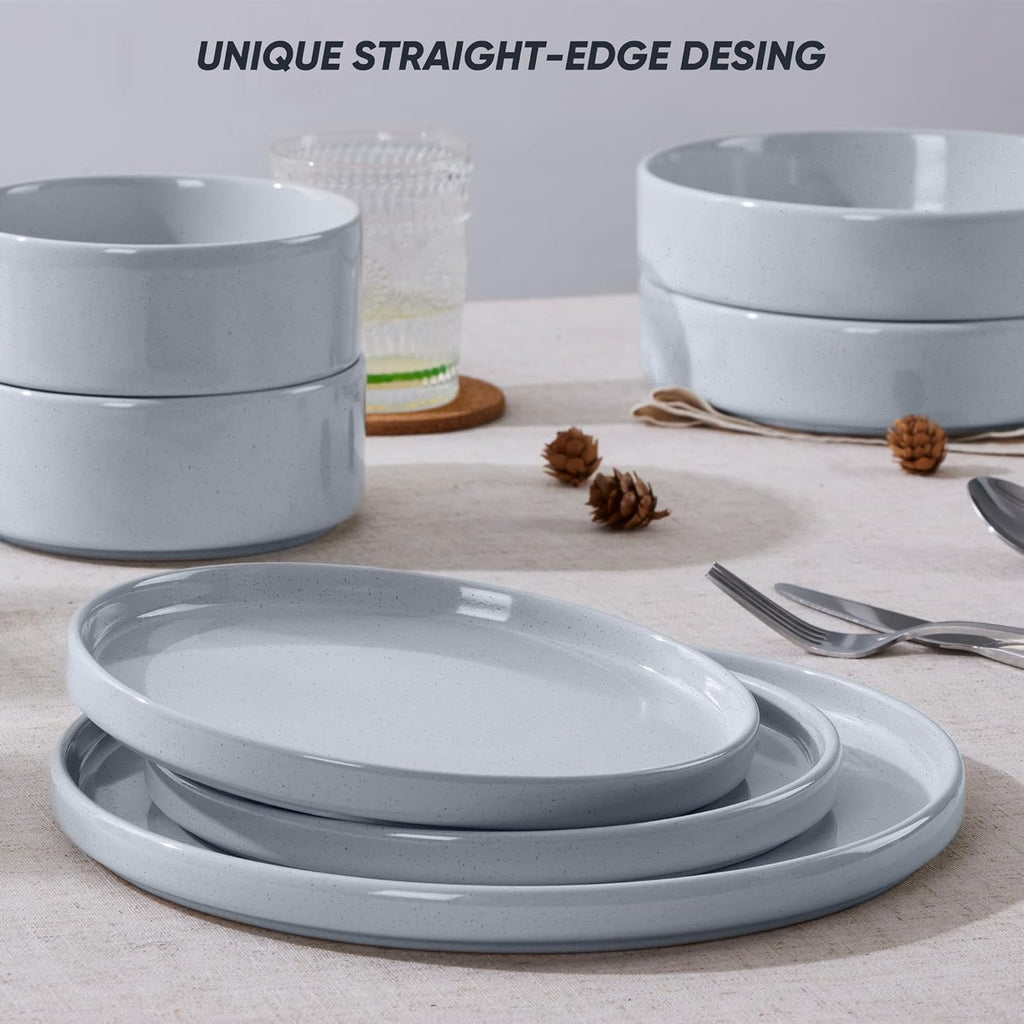 E-far 16-Piece Plates and Bowls Sets - Stoneware Dinnerware Sets with Pasta Bowls for 4 | Microwave & Dishwasher Safe Kitchen Modern Dish Set, Speckled Gray