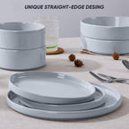 E-far 16-Piece Plates and Bowls Sets - Stoneware Dinnerware Sets with Pasta Bowls for 4 | Microwave & Dishwasher Safe Kitchen Modern Dish Set, Speckled Gray