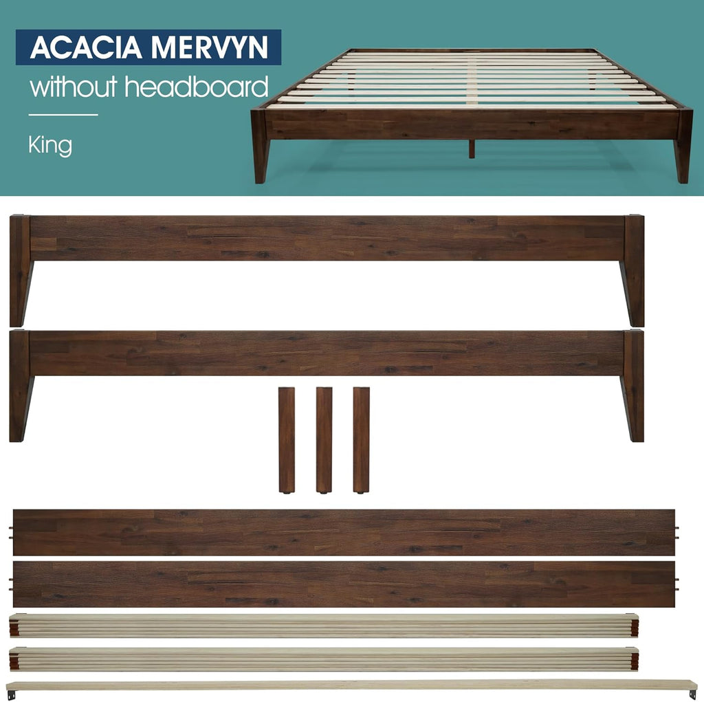 Acacia Mervyn Bed Frame Solid Wood Platform Bed, King Bed Frame No Headboard, Natural Wood Bed Compatible with All Mattress Types, No Box Spring Needed, Quick & Easy Assembly, Chocolate
