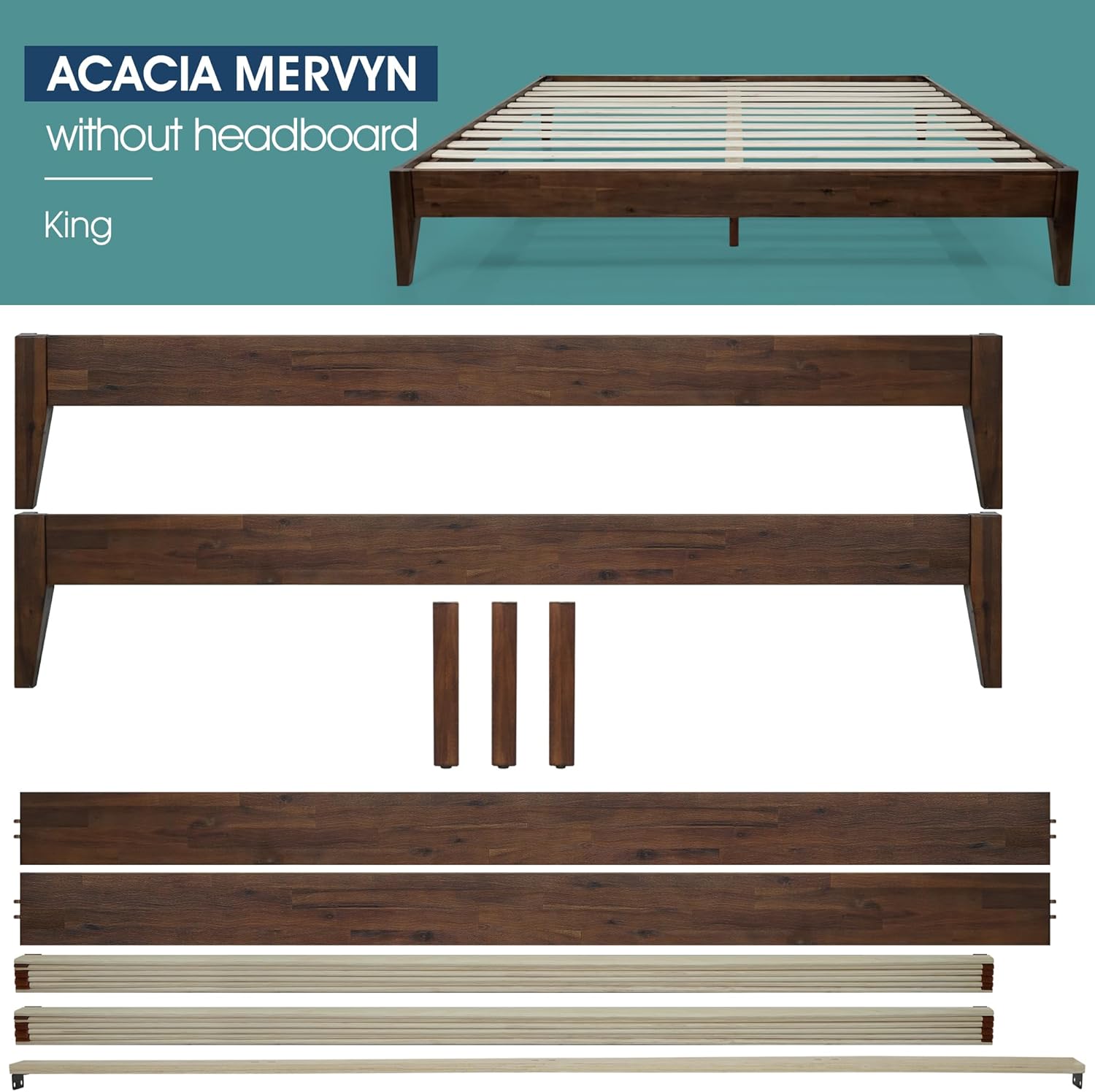 Acacia Mervyn Bed Frame Solid Wood Platform Bed, King Bed Frame No Headboard, Natural Wood Bed Compatible with All Mattress Types, No Box Spring Needed, Quick & Easy Assembly, Chocolate