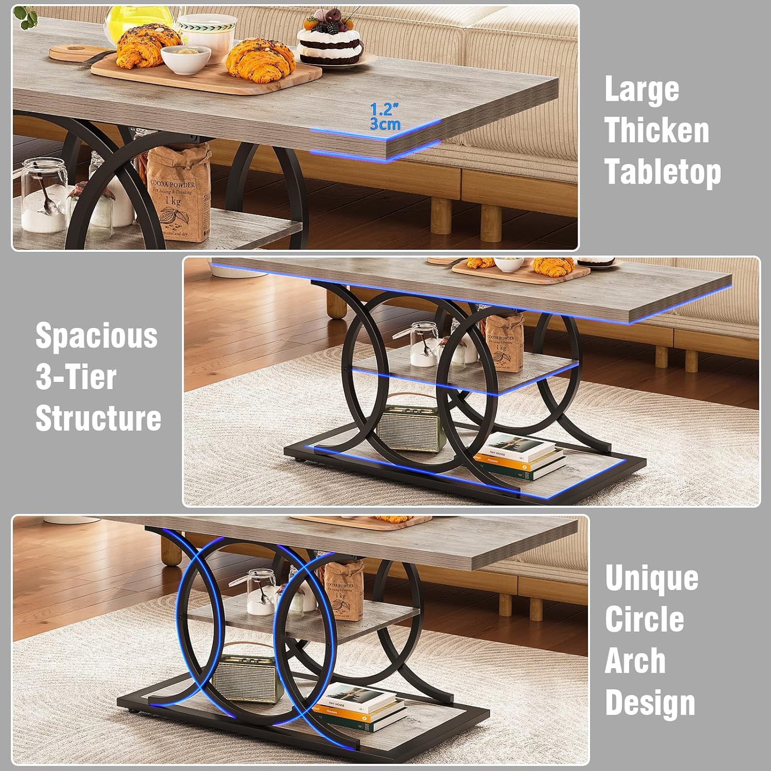 GiftGo Rustic Coffee Table with Storage Industrial 3 Tier Center Living Room Table Farmhouse Wooden Rectangle Cocktail Tea Table for Office Bedroom Elegant Full Moon Design (Vintage Gray, L-47)