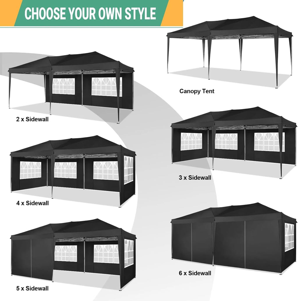 COBIZI Canopy 10x20 Pop Up Canopy Tent with 6 Sidewalls Outdoor Party Tent 10x20 Waterproof Commercial Instant Shelter UPF 50+ Portable Gazebo Wedding Tents for Parties Car Port Vender Events(Black