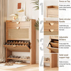 INNOD Rattan Shoe Storage Cabinet, Shoe Organizer with 2 Flip Drawers, Narrow Shoe Cabinet, Free Standing Hidden Shoe Storage, Shoe Rack for Entryway/Hallway/Closet, Natural Oak