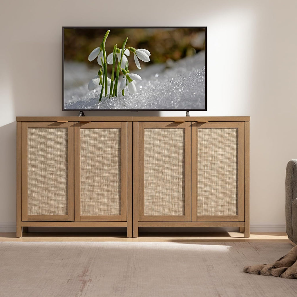 SICOTAS Sideboard Buffet Cabinet with Large Storage : Boho Rattan Credenza Coffee Bar Storage Cabinet with Adjustable Shelves, Farmhouse Console Cabinets for Kitchen, Living Room, Entryway, Oak, 2 PCS