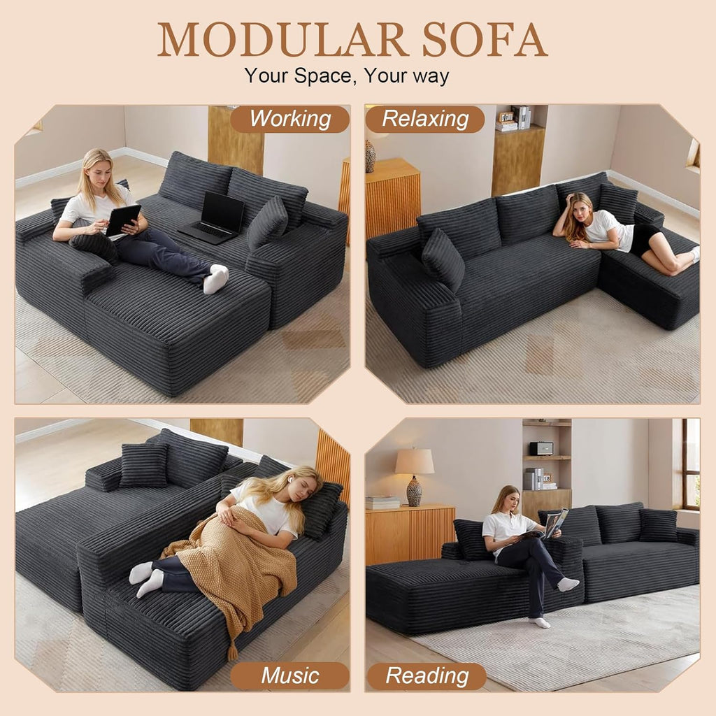 108" Cloud Sectional Couch, Modern Boneless Couch with L-Shape Chaise, Deep Seat Modular Sectional Sofa Corduroy Corner Couches for Living Room,No Assembly Required (Black, Left Facing Chaise)