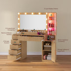 BTHFST Fluted Makeup Vanity Desk with Large 31.5" Mirror and Lights, 46.1" Wood Vanity with Charging Station & RGB Lights, Dressing Table with 6 Drawers & Cabinet & Shelves, Oak
