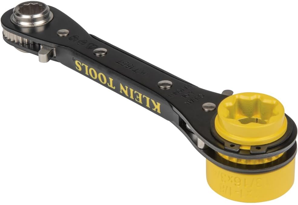 Klein Tools KT155T 6-In-1 Lineman's Ratcheting Wrench with Bolt Through Design and Bright Yellow Socket