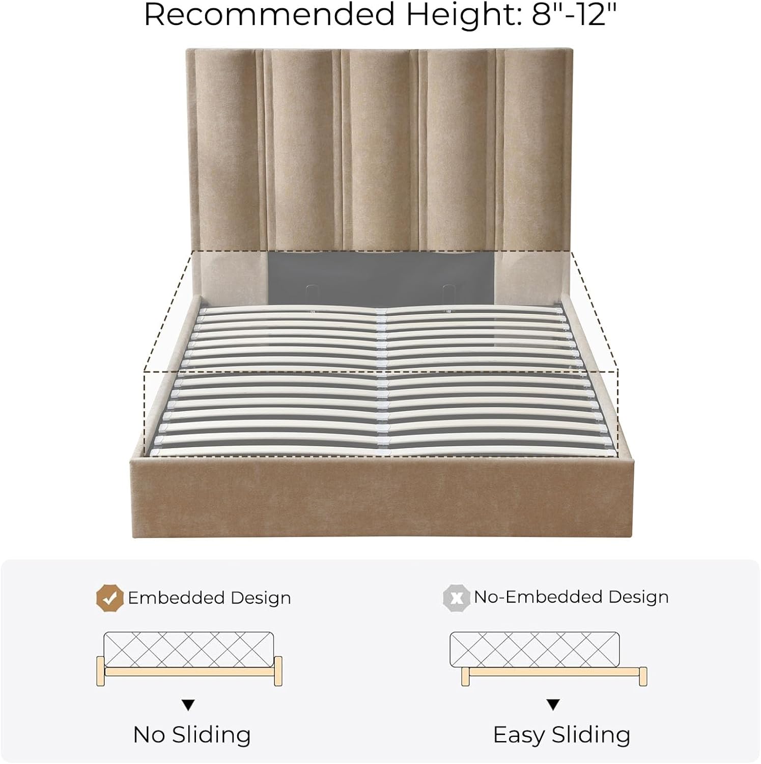 Queen Size Lift Up Storage Bed, Upholstered Platform Bed Frame with Storage Underneath, 51.6'' Tall Vertical Channel Tufted Headboard, Linen-Textured, Hydraulic Support, No Box Spring Needed, Beige