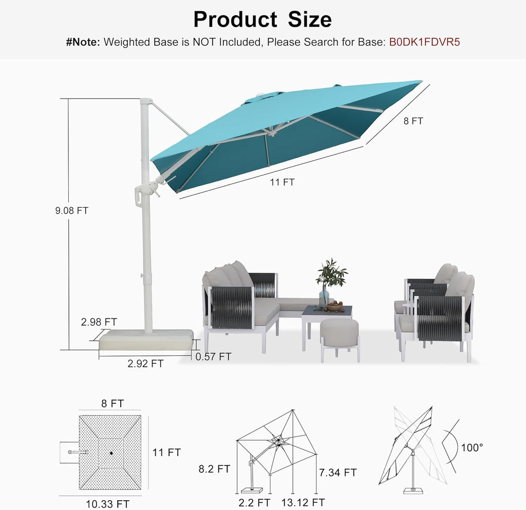 PURPLE LEAF 8' X 11.5' Right-left Tilt Patio Umbrella Swivel White Cantilever Umbrella with Tilt Aluminum Outdoor Umbrella with 360° Rotation for Deck Pool Garden, Turquoise
